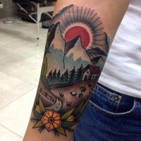 Old school colorful countryside house tattoo on forearm stylized with nice flower