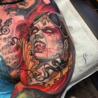 Old school coloured evil vampiress tattoo on shoulder by James Tex