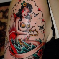 Old school coloured mermaid tattoo on half sleeve