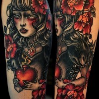 Old school designed sad gypsy woman colored shoulder tattoo stylized with red heart and big roses