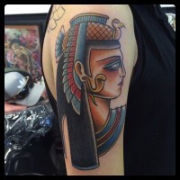 Old school Egypt traditional colored woman portrait tattoo on upper arm