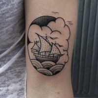 Old school framed sailing ship forearm tattoo with sea scenes and tiny seagulls
