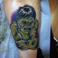 Old school funny looking colored leg tattoo of small Hulk portrait