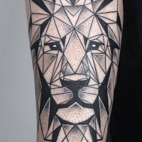 Old school geometrical style black ink forearm tattoo of lion portrait
