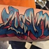 Old school graffiti style colored arm tattoo of lettering