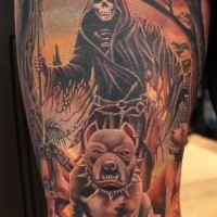 Old school illustrative style thigh tattoo of grim reaper with hell dog
