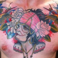 Old school Mexican native colored chest tattoo of gypsy woman with flowers and birds