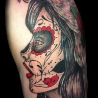 Old school Mexican native colored shoulder tattoo of woman portrait