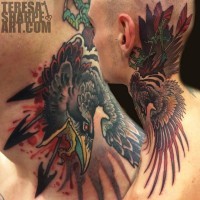 Old school multicolored bloody neck tattoo of crow with arrows
