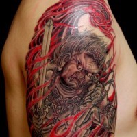 Old school multicolored demonic Asian man tattoo with flames