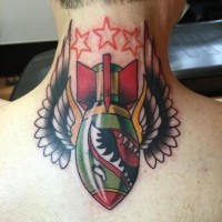 Old school multicolored funny painted bomb with wings tattoo on neck stylized with red stars