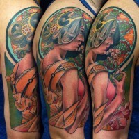 Oldschool mehrfarbiges Schulter Tattoo mit der schönen Frau und Blumen