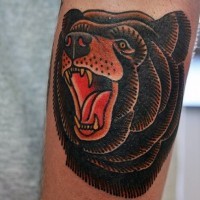vecchia scuola colori naturali testa di orso ruggente tatuaggio su braccio
