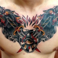 Old school painted and colored hell dogs tattoo on chest combined with crossed swords and bloody eye