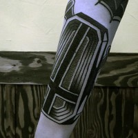Old school painted black ink coffin with cross tattoo on arm