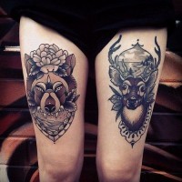 Tatuaje en las piernas, retratos  de lobo y ciervo, vieja escuela