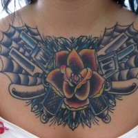Old school red rose with guns chest tattoo