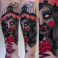 Old school school style colored forearm tattoo of creepy woman with heart and flowers