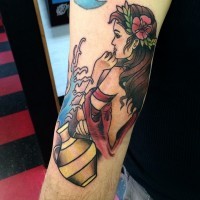 Old school simple colored arm tattoo of cute woman with water amphora