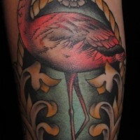 Old school style big colored flamingo portrait tattoo on leg