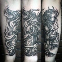 Old school style black ink arm tattoo of evil Cerberus with flames