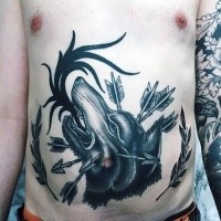 Old school style black ink belly tattoo of wolf head with arrows