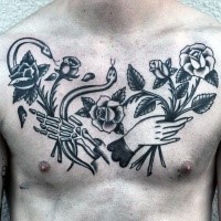 Old school style black ink chest tattoo of human and skeleton hands with flowers and snakes
