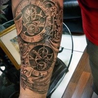 Old school style black ink forearm tattoo of mechanical clock with rose and lettering