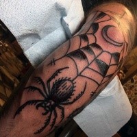 Old school style black ink forearm tattoo of spider with web