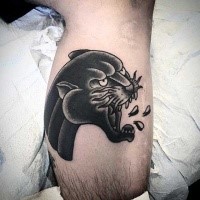 Old school style black ink leg tattoo of black panther