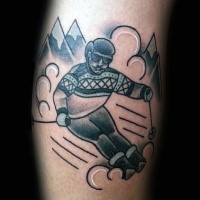 Old school style black ink ski man tattoo on leg
