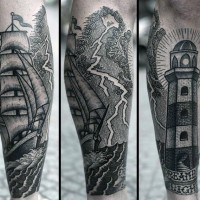 Tatuaje en la pierna, barco y faro en la tormenta, estilo old school   negro blanco