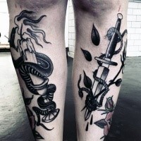 Old school style burning candle with snake and dagger with rope tattoo on both legs