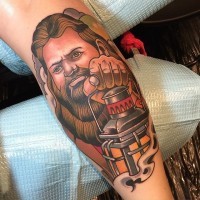 Old school style colored and detailed forearm tattoo of wizard with lighter