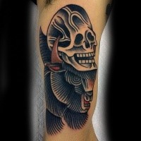 Old school style colored arm tattoo of big bull with human skull