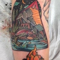 Old school style colored arm tattoo of night sky with fish