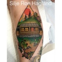 Old school style colored arm tattoo of picture with old house with sun