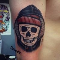 Old school style colored arm tattoo of skeleton with hood