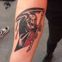 Old school style colored arm tattoo of Grimm reaper