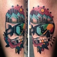 Old school style colored arm tattoo of snowboarders skull with flower