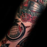 Old school style colored arm tattoo of big ship with rose and globe