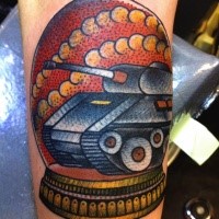 Old school style colored arm tattoo of vintage toy with tank