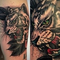 Old school style colored arm tattoo of white tiger with leaves