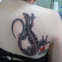 Old school style colored back tattoo of big lizard and lettering