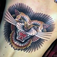 Old school style colored back tattoo of funny lion portrait