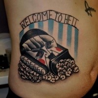 Old school style colored belly tattoo of lettering with creepy mask
