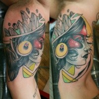 Old school style colored biceps tattoo of mystic woman portrait