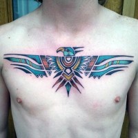 Old school style colored big tribal wall paintings like colored eagle tattoo on chest area