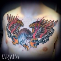 Old school style colored chest tattoo of eagle with broken chain