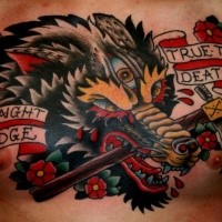 Old school style colored chest tattoo of evil wolf with lettering and axe